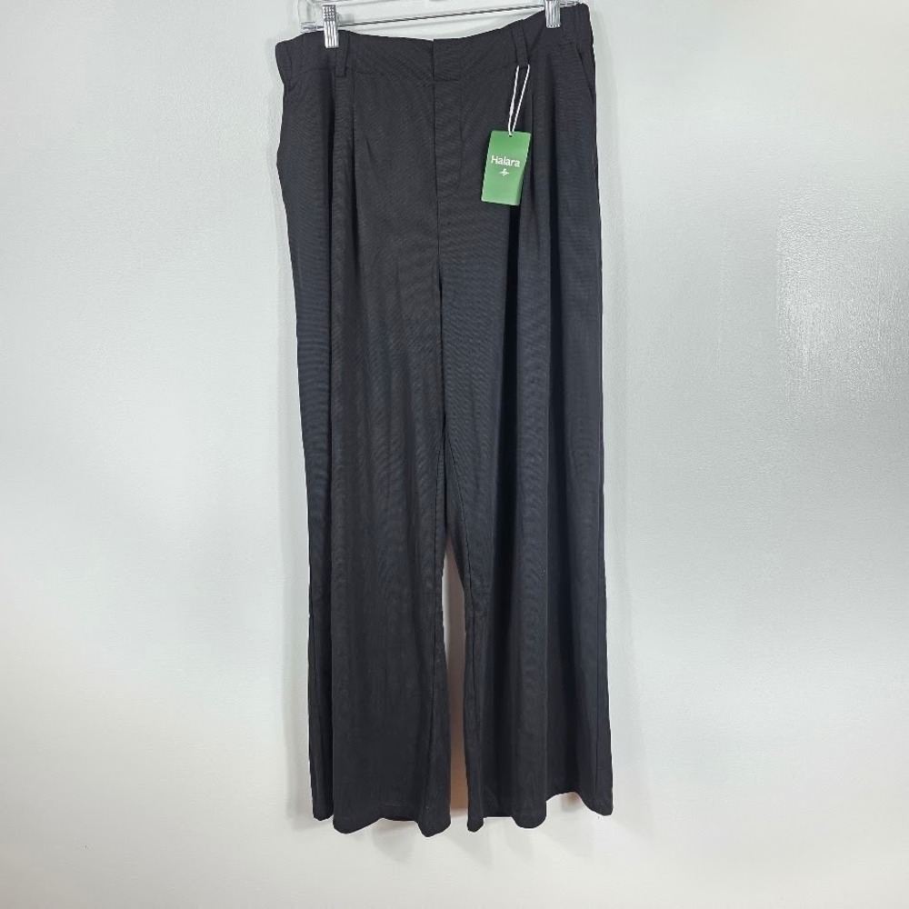 Halara Flex Womens XL Black Waffle Knit Wide Leg Pleated High Waist Trousers NWT